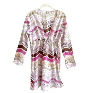 ECHO Pink Tan Chevron Long Sleeve Lightweight Swim Cover Up Dress